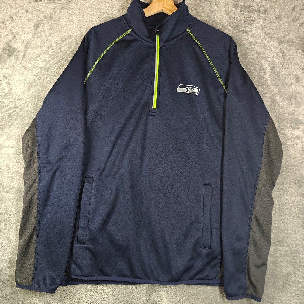 NFL Seattle Seahawks Quarter Zip Pullover Mens L Navy Blue Grey Athletic Jacket